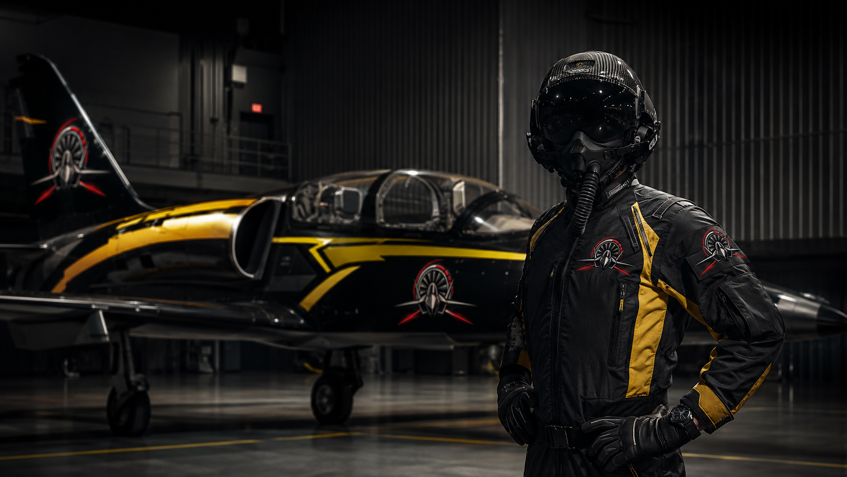 Throttle Jet Team pilot beside branded L-39 aircraft