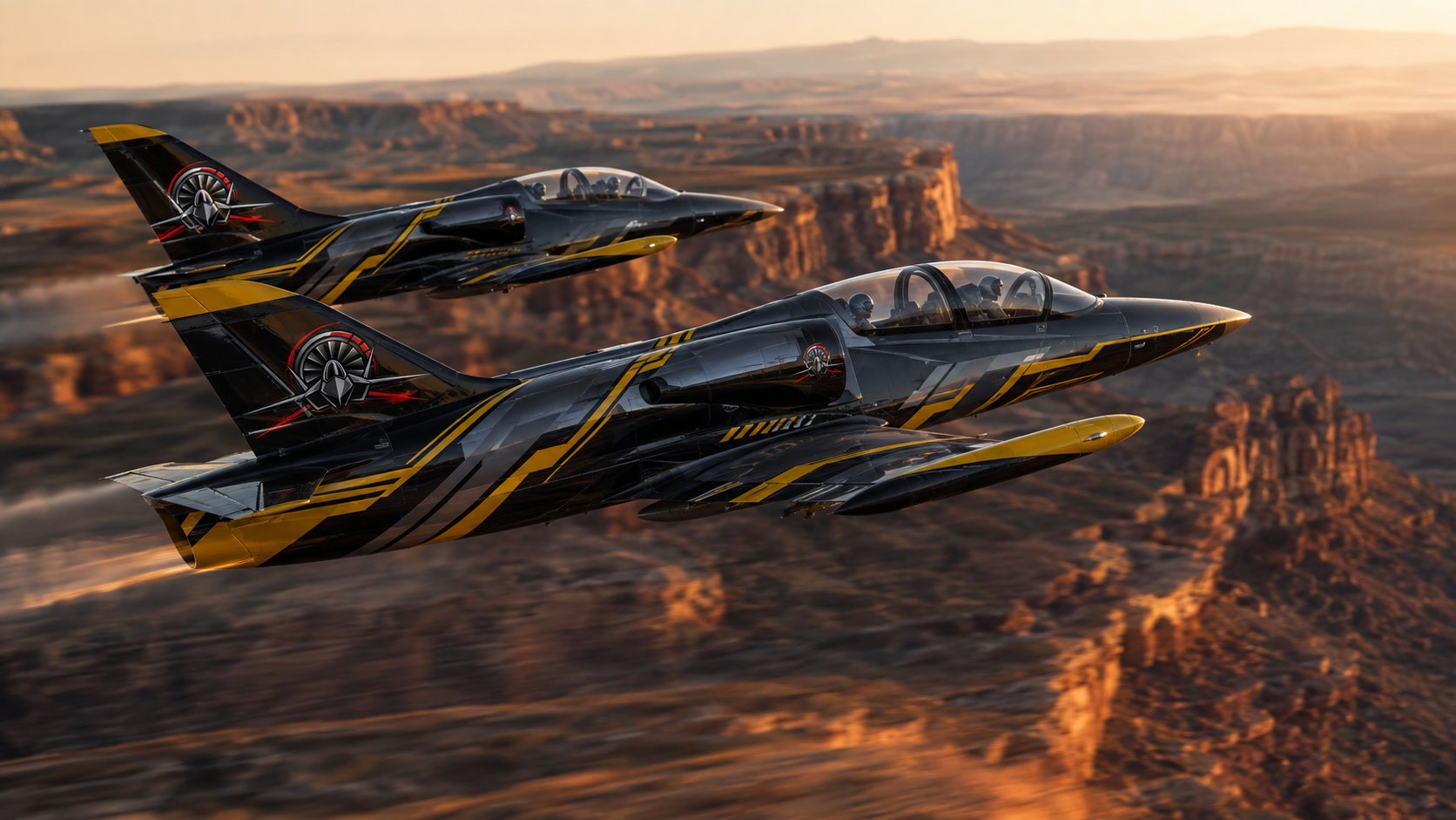 Throttle Jet Team L-39 formation over canyon terrain at sunset